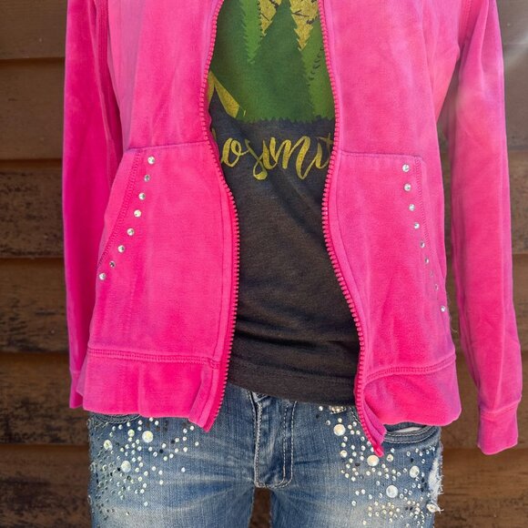 Everlast Sport Pink Velour Zip-Up Hoodie Womens M With Hood & Rhinestone Accents - Picture 5 of 10